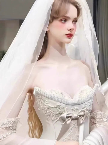 Ball Gown Off-The-Shoulder Floor-Length Pleated Wedding Dresses with Jewel Appliques & Bow