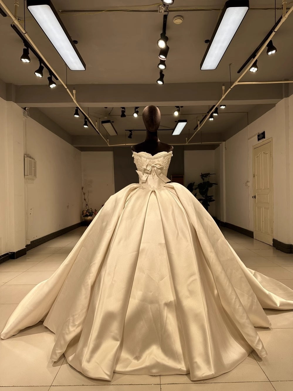 Ball Gown Off-The-Shoulder Floor-Length Pleated Wedding Dresses with Jewel Appliques & Bow