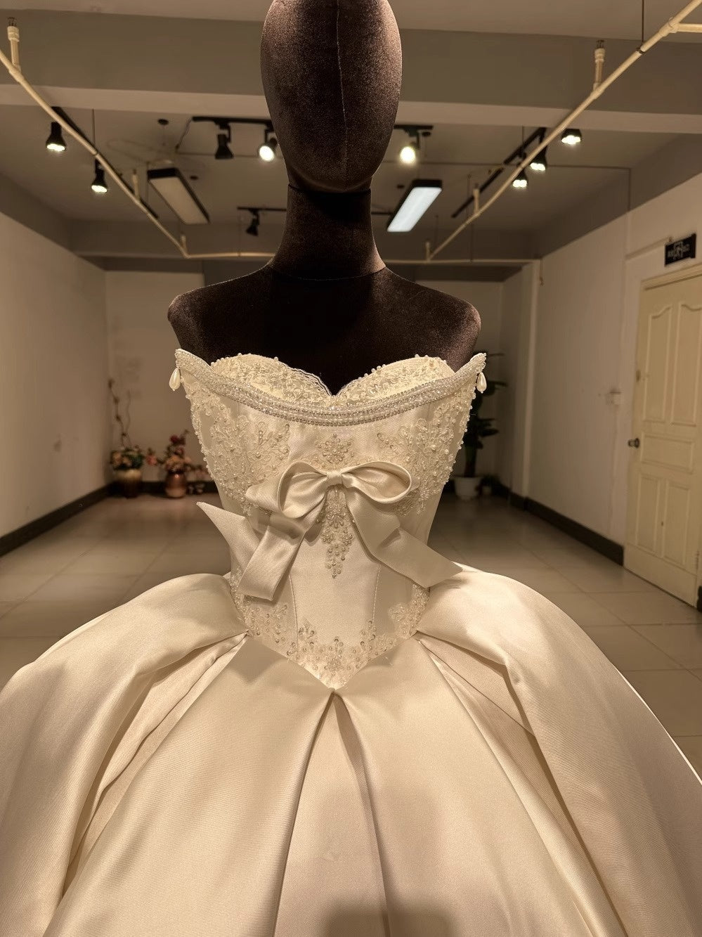 Ball Gown Off-The-Shoulder Floor-Length Pleated Wedding Dresses with Jewel Appliques & Bow