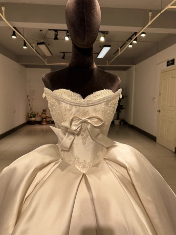 Ball Gown Off-The-Shoulder Floor-Length Pleated Wedding Dresses with Jewel Appliques & Bow