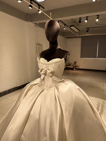 Ball Gown Off-The-Shoulder Floor-Length Pleated Wedding Dresses with Jewel Appliques & Bow