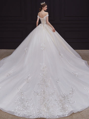 Ball Gown Off-The-Shoulder Floor-Length Pleated Wedding Dresses with Lace Appliques