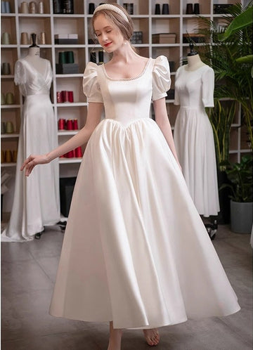 A-Line/Princess Scoop Puff Sleeves Ankle-Length Pleated Wedding Dresses with Lace-up & Pearls