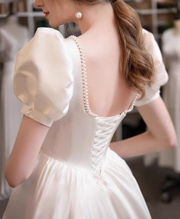 A-Line/Princess Scoop Puff Sleeves Ankle-Length Pleated Wedding Dresses with Lace-up & Pearls