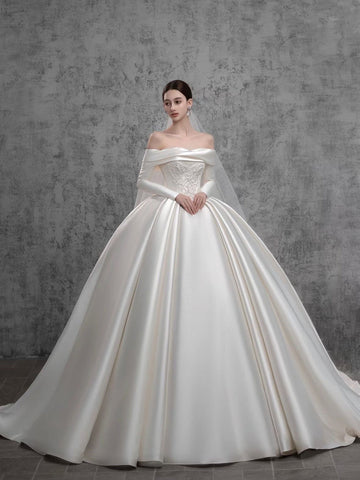 Ball Gown Off-the-Shoulder Floor-Length Wedding Dresses with Appliques & Ruffles