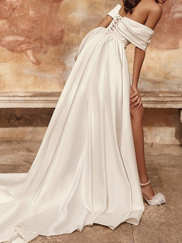 Sheath/Column Off-The-Shoulder Short Sleeves Detachable Watteau Train Wedding Dresses With Ruched & Lace-Up