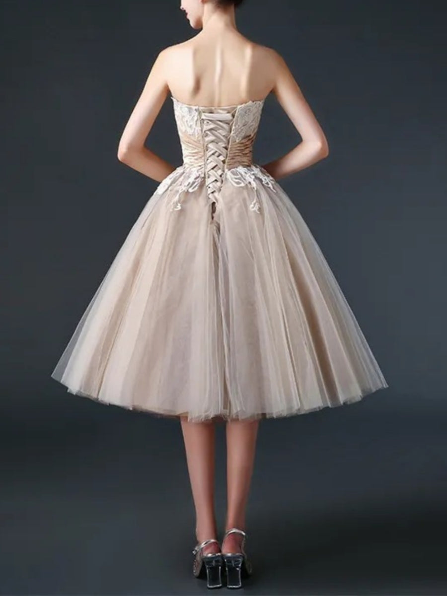Ball Gown Strapless Lace Tulle Little White Dresses Ruffle Sash Wedding Dresses Tea Length