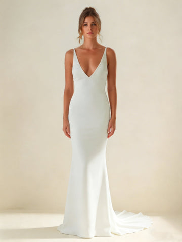 Trumpet/Mermaid Spaghetti Straps Silk Satin Wedding Dresses V-Neck Floor-Length Sweep Train