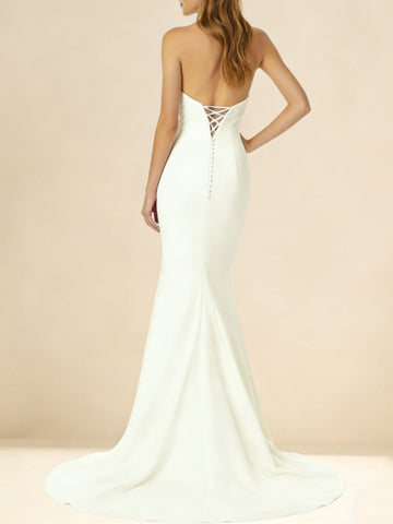Trumpet/Mermaid Strapless Silk Satin Wedding Dresses Floor-Length Sweep Train Lace-Up Ruched