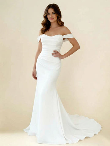 Trumpet/Mermaid Off-the-Shoulder Chiffon Wedding Dresses Floor-Length Sweep Train Sleeveless Ruched