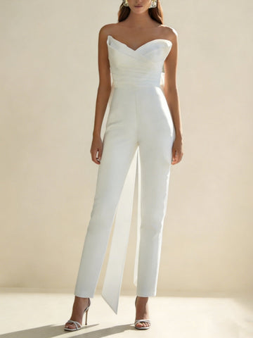 Jumpsuit/Pantsuit Sweetheart Satin Wedding Dresses Sleeveless Detachable Overskirt With Bow