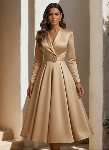 A-Line/Princess Shirt Collar Satin Wedding Dress with Sash Tea-length Long Sleeves