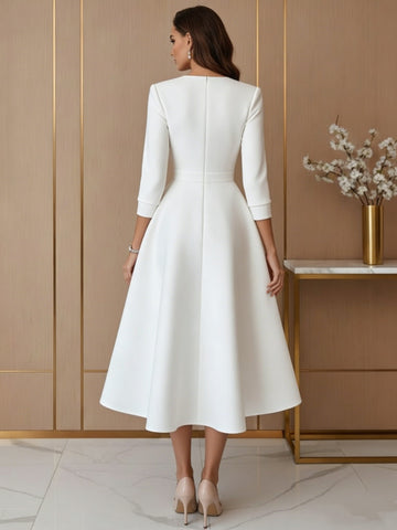 A-Line/Princess V-Neck Satin Wedding Dress Tea-length 3/4 Sleeves