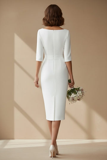 Sheath/Column Cowl Neck Satin Wedding Dress Tea-length Half Sleeves Sash