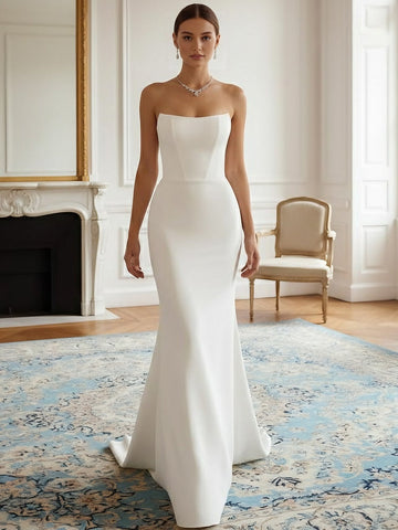Trumpet/Mermaid Strapless Wedding Dress Satin Floor-Length Sweep Train Sleeveless