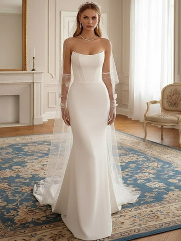 Trumpet/Mermaid Strapless Wedding Dress Satin Floor-Length Sweep Train Sleeveless