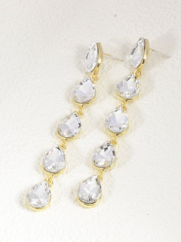 Women's Long Drop Minimalist Earrings with Teardrop Rhinestones