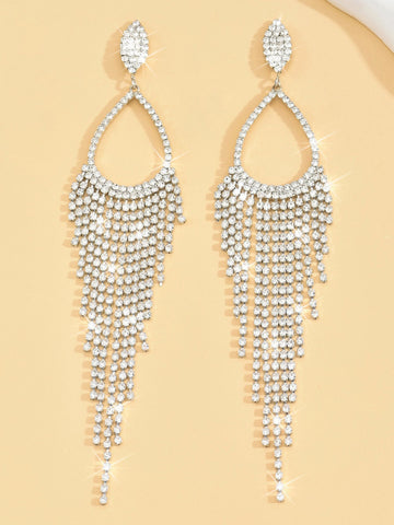 Women's Silver Luxury Exquisite Crystal Tassel Long Teardrop Earrings