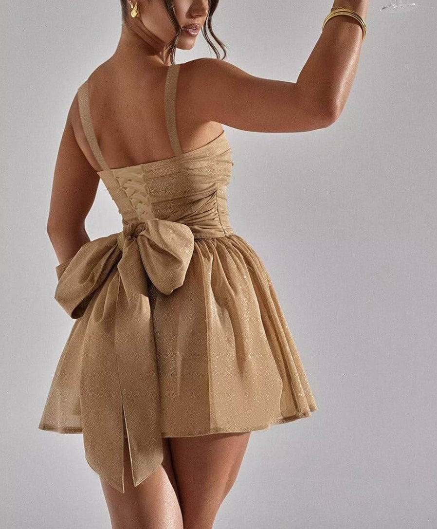 A Line Glitter Party Dress Square Neck Tulle Mini Prom Cocktail Gowns with Bow Ruffles