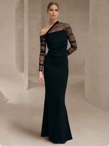 Sheath/Column Evening Dress One-Shoulder Floor-length Wedding Guest Dress Stretch Crepe Dresses