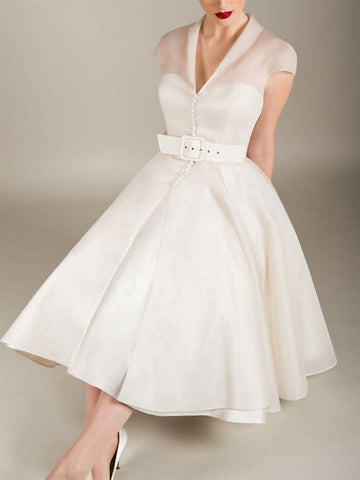 A-Line/Princess Little White Dress Organza Formal/Wedding Dresses Sweetheart&V-Neck Short Sleeves Tea-Length Cocktail Dresses With Sash / Ribbon