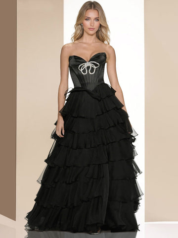 A-Line/Princess Black Prom Dress Basque Waist Tulle Sweetheart Sleeveless Floor-Length Prom Dresses With Decorated rhinestone bow