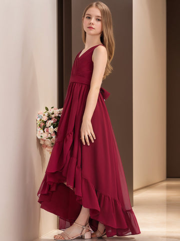 V-Neck Sleeveless High Low Pleats Junior Girl Bridesmaid Dresses with Ruffles