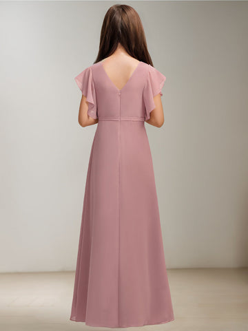 A-Line/Princess V-Neck Short Sleeves Junior Bridesmaid Dress with Ruffles