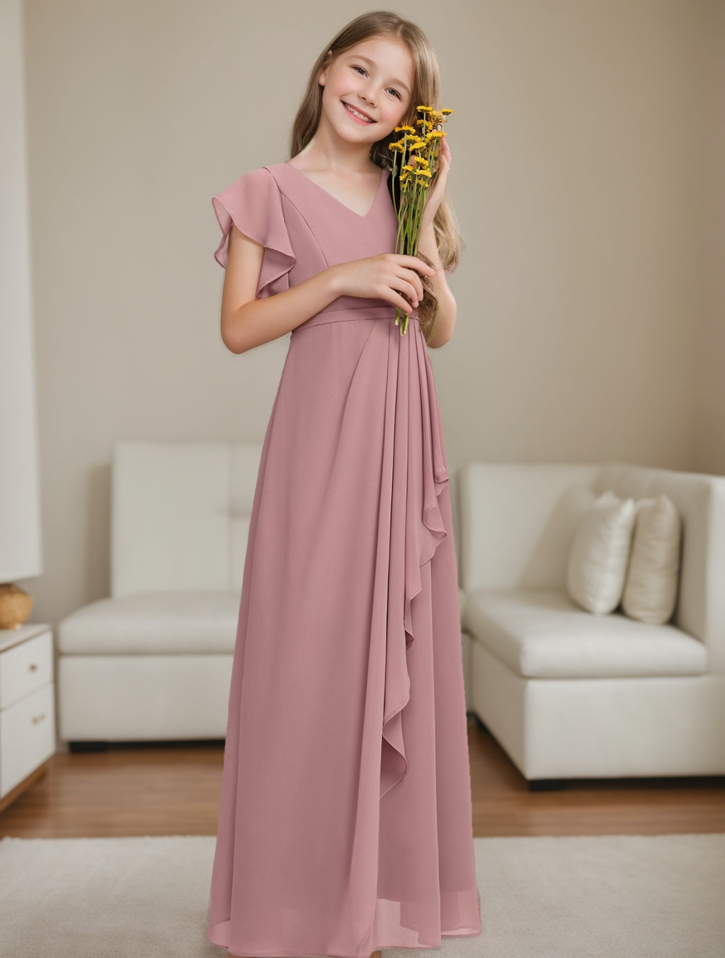 A-Line/Princess V-Neck Short Sleeves Junior Bridesmaid Dress with Ruffles