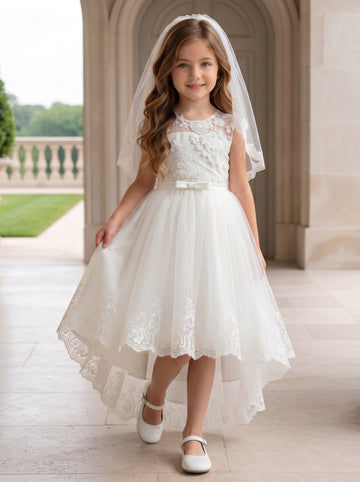 A-Line/Princess Scoop Lace Tulle Flower Girl Dresses Short Sleeves Asymmetrical Ankle-Length With Bowknot