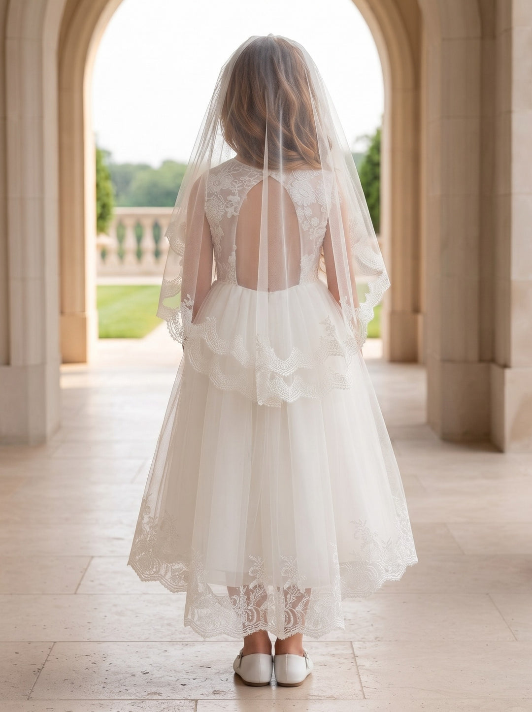 A-Line/Princess Scoop Lace Tulle Flower Girl Dresses Short Sleeves Asymmetrical Ankle-Length With Bowknot
