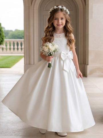 A-Line/Princess Scoop Lace Satin Flower Girl Dresses Sleeveless Ankle-Length With Bowknot