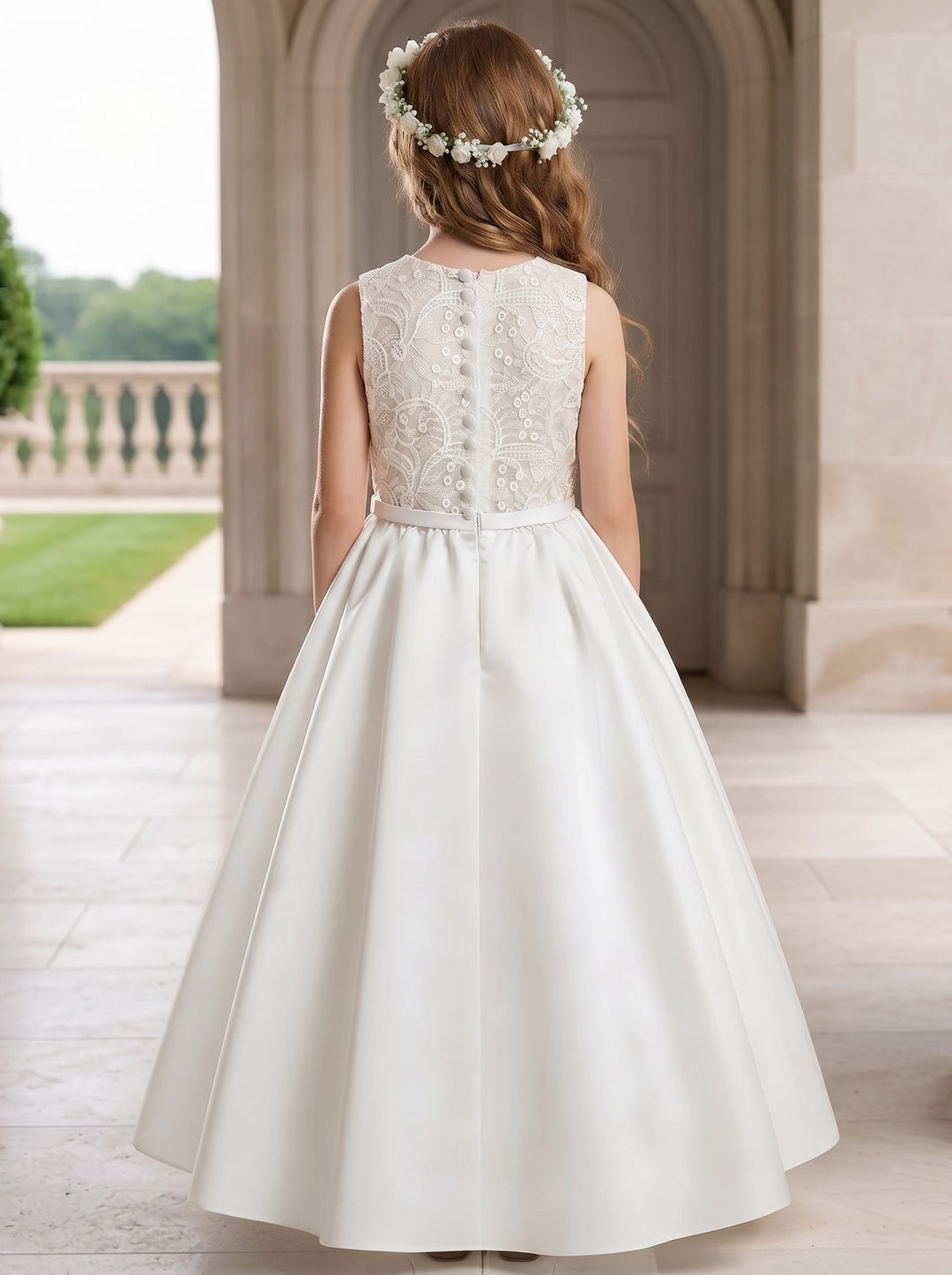 A-Line/Princess Scoop Lace Satin Flower Girl Dresses Sleeveless Ankle-Length With Bowknot
