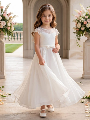 A-Line/Princess Scoop Lace Tulle Flower Girl Dresses Short Sleeves Ankle-Length With Bowknot