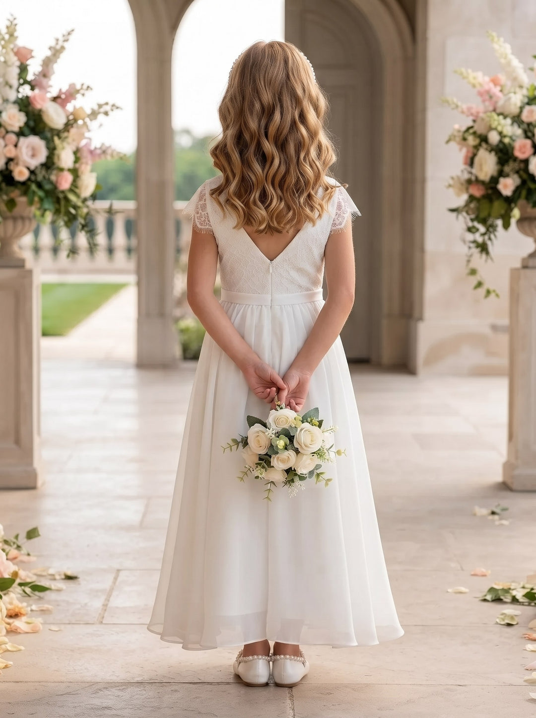 A-Line/Princess Scoop Lace Tulle Flower Girl Dresses Short Sleeves Ankle-Length With Bowknot