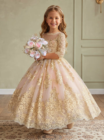 A-Line/Princess Scoop Lace Flower Girl Dresses Half Sleeves Floor-Length With Bowknot