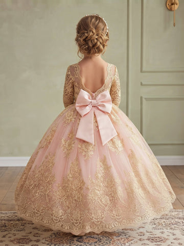 A-Line/Princess Scoop Lace Flower Girl Dresses Half Sleeves Floor-Length With Bowknot