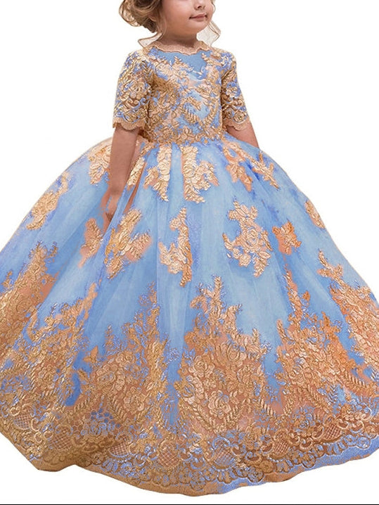 A-Line/Princess Scoop Lace Flower Girl Dresses Half Sleeves Floor-Length With Bowknot