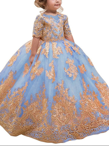 A-Line/Princess Scoop Lace Flower Girl Dresses Half Sleeves Floor-Length With Bowknot
