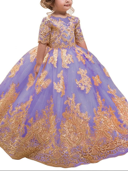 A-Line/Princess Scoop Lace Flower Girl Dresses Half Sleeves Floor-Length With Bowknot
