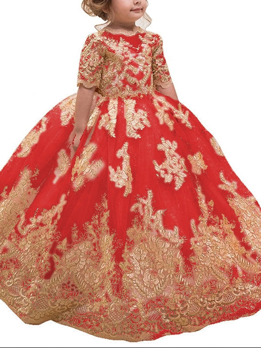 A-Line/Princess Scoop Lace Flower Girl Dresses Half Sleeves Floor-Length With Bowknot