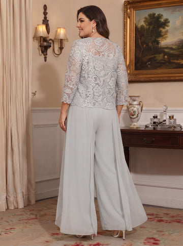 Chiffon Square Neck Floor-Length Plus Size Mother of the Bride Pantsuits with Jacket & Split Side
