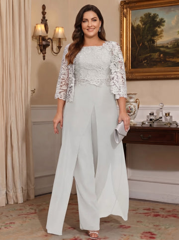 Chiffon Square Neck Floor-Length Plus Size Mother of the Bride Pantsuits with Jacket & Split Side