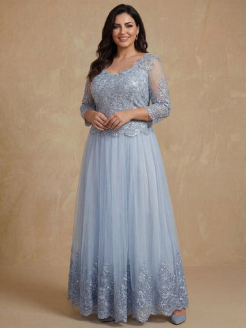 A-Line/Princess Sheer Neck 3/4 Length Sleeves Floor-Length Mother of the Bride Dresses with Applique