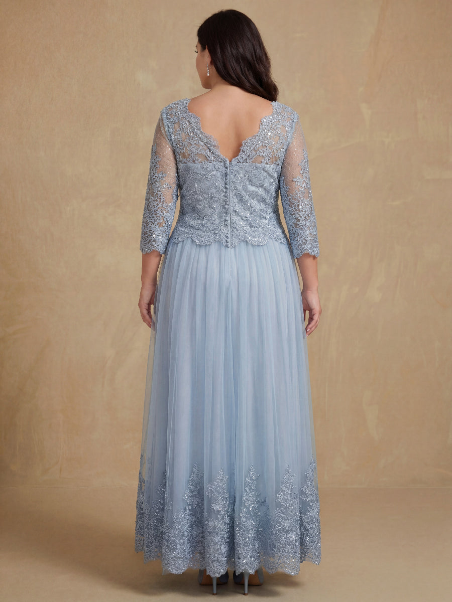 A-Line/Princess Sheer Neck 3/4 Length Sleeves Floor-Length Mother of the Bride Dresses with Applique