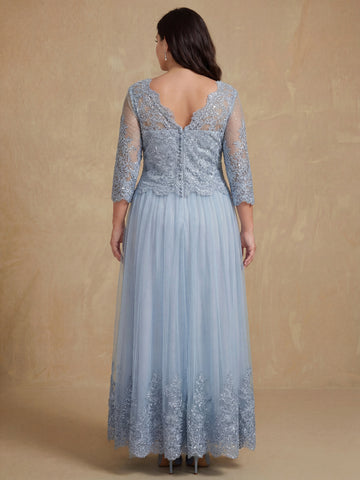 A-Line/Princess Sheer Neck 3/4 Length Sleeves Floor-Length Mother of the Bride Dresses with Applique