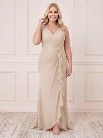 Sheath/Column V-Neck Sleeveless Floor-Length Plus Size Mother of the Bride Dresses with Wraps & Ruffles