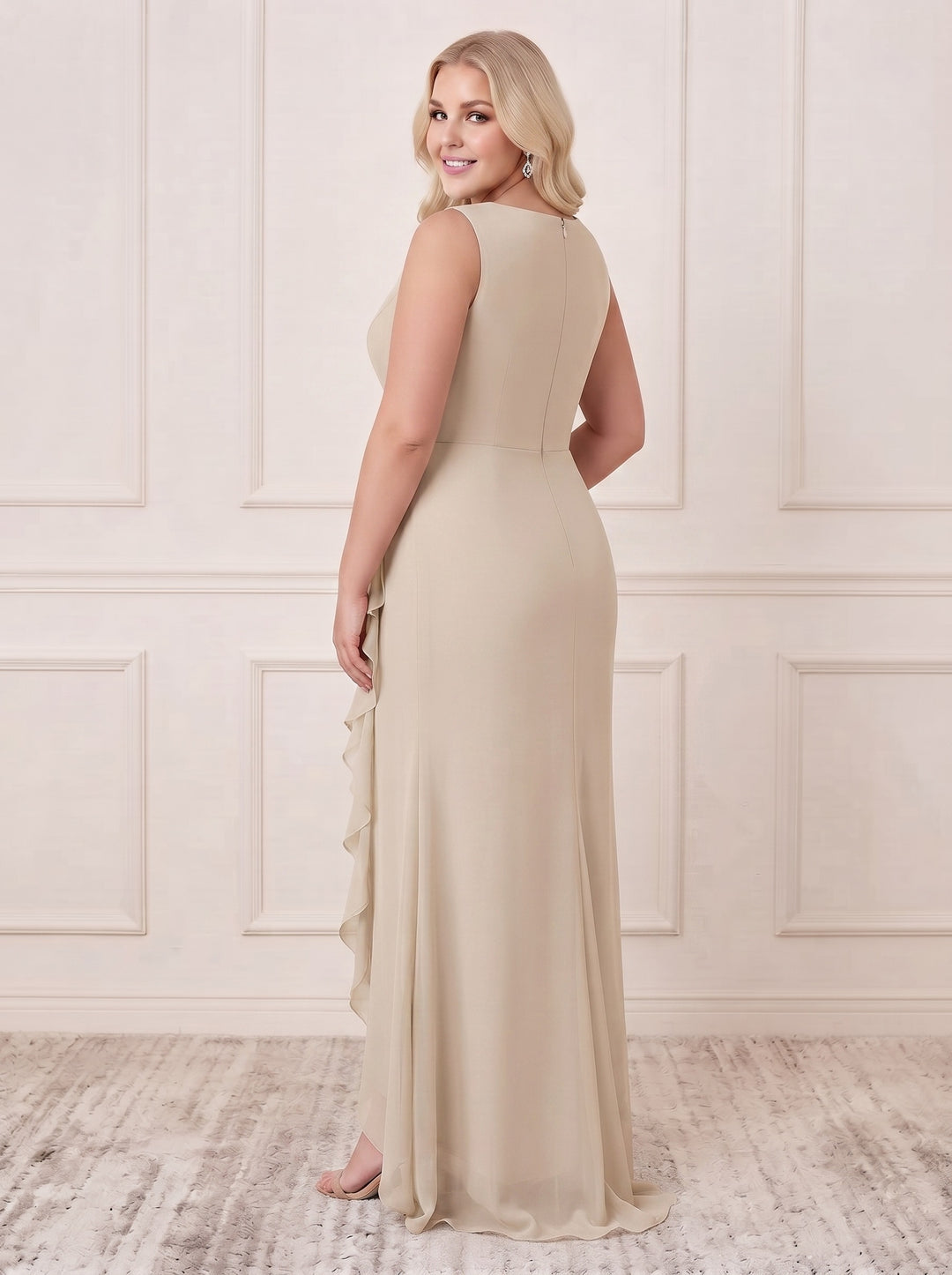 Sheath/Column V-Neck Sleeveless Floor-Length Plus Size Mother of the Bride Dresses with Wraps & Ruffles