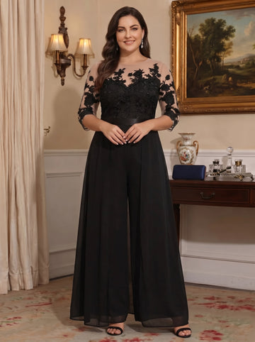 A-Line/Princess Jewel Neck 3/4 Length Sleeves Floor-Length Plus Size Mother of the Bride Pantsuits with Applique