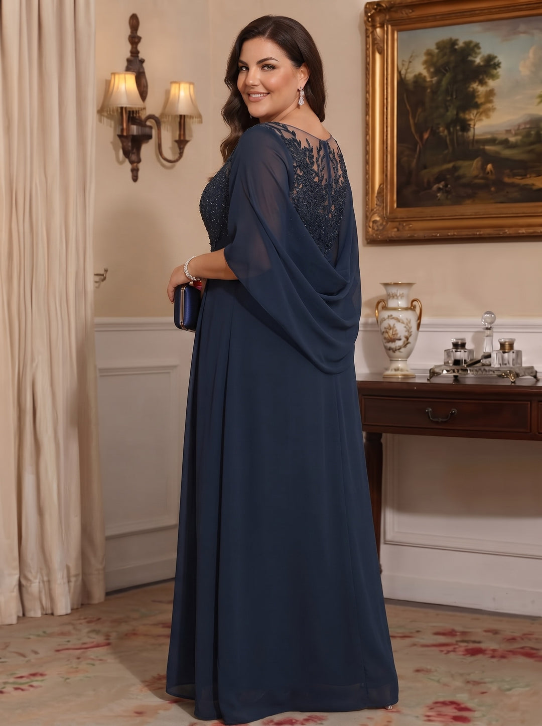 A-Line/Princess Scoop Floor-Length Plus Size Mother of the Bride Dresses with Pleated & Sequins